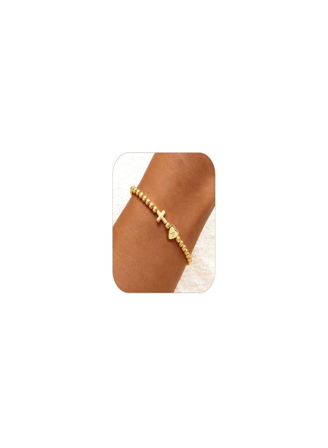 TLY Cross Bracelets for Women Initial Beaded Stretch Elastic Heart Bracelet 14K Gold Plated Dainty Trendy Friendship Bracelets Stack Stocking Stuffers for Women Teens A-Z Letter Charm Bracelet Christmas Gifts - Image 1